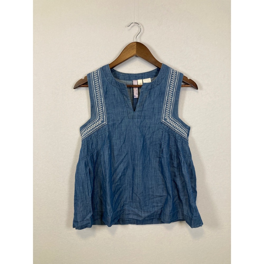 Alya Womens Denim Embroidered‎ V Neck Sleeveless Peplum Top XS